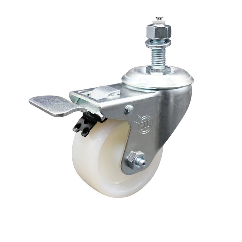 SCC-SSTSTTL20S314-NYS-121315 Stainless Steel Nylon Swivel Threaded Stem Caster with 3 x 1.25 in. White Wheel & 0.5 in. Stem & Total Locking Brake