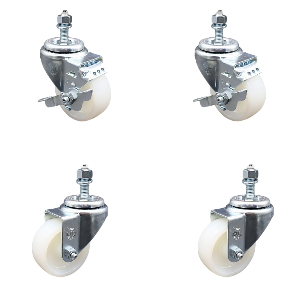 SCC-SSTS20S314-NYS-121315-2-TLB-2 Stainless Steel Nylon Swivel Threaded Stem Caster with 3 x 1.25 in. White Wheels & 0.5 in. Stems - Set of 4