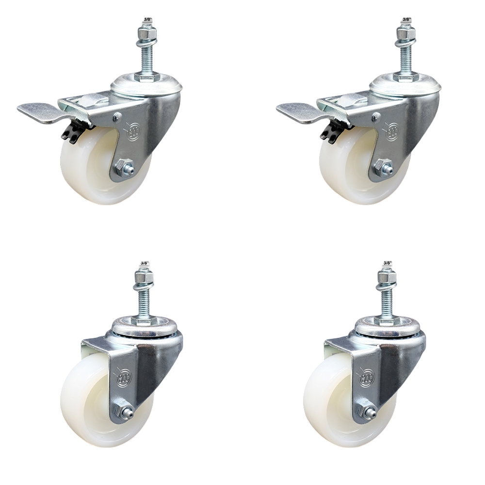 SCC-SSTSTTL20S314-NYS-381615-2-S-2 Stainless Steel Nylon Swivel Threaded Stem Caster with 3 x 1.25 in. White Wheels & 0.38 in. Stems - Set of 4