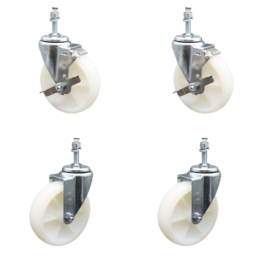 SCC-SSTS20S514-NYS-M1015-2-TLB-2 Stainless Steel Nylon Swivel Threaded Stem Caster with 5 x 1.25 in. White Wheels & 10 mm Stems - Set of 4