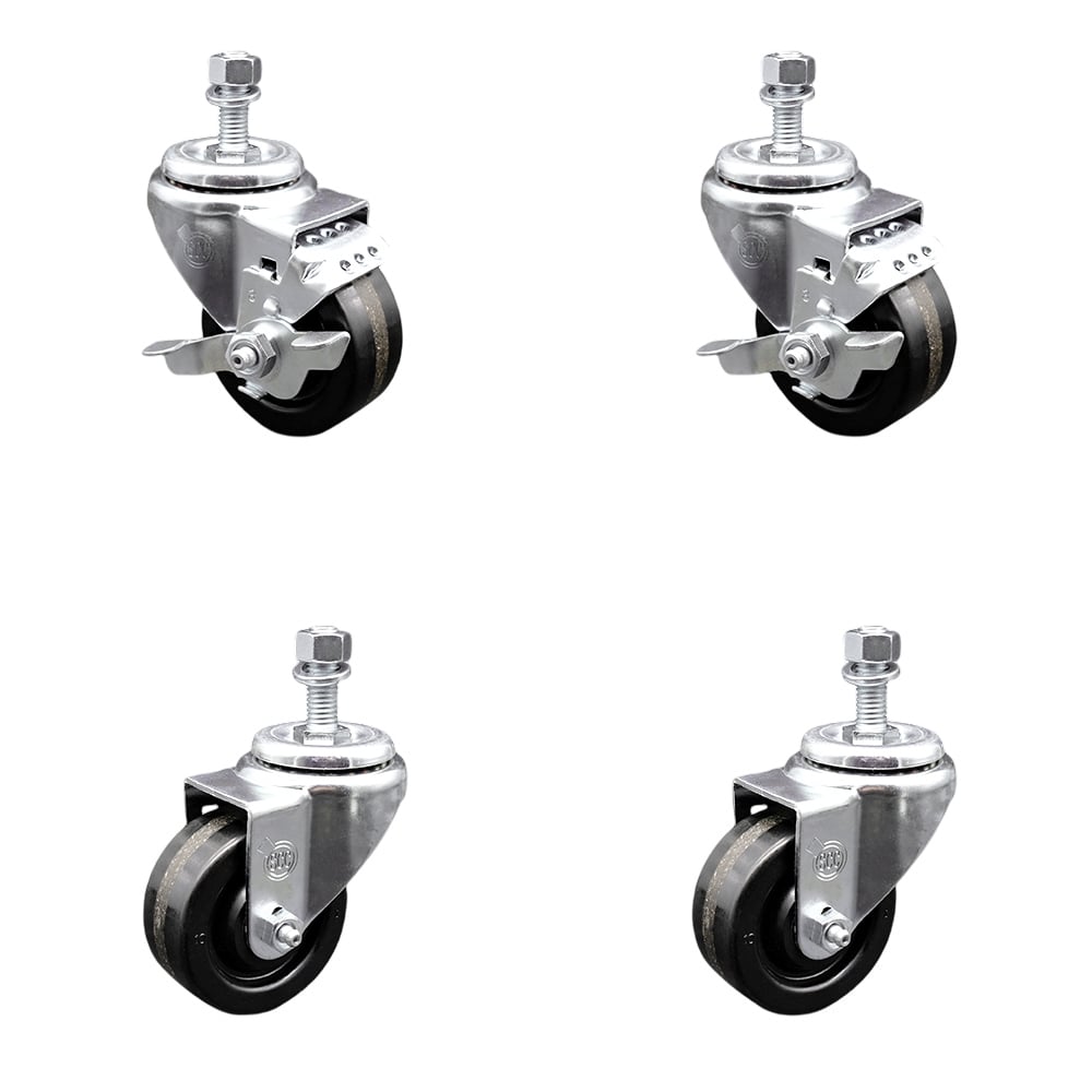 SCC-TS20S3514-PHR-121315-2-TLB-2 Phenolic Swivel Threaded Stem Caster with Roller Bearing 3.5 x 1.25 in. Black Wheels & 0.5 in. Stems - Set of 4