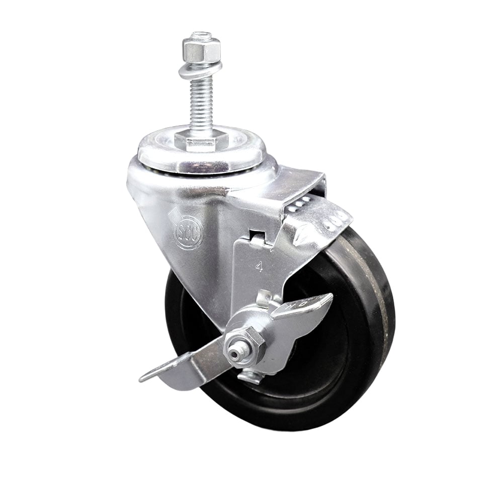 SCC-TS20S414-PHR-TLB-381615 Phenolic Swivel Threaded Stem Caster with Roller Bearing 4 x 1.25 in. Black Wheel & 0.38 in. Stem & Top Locking Brake