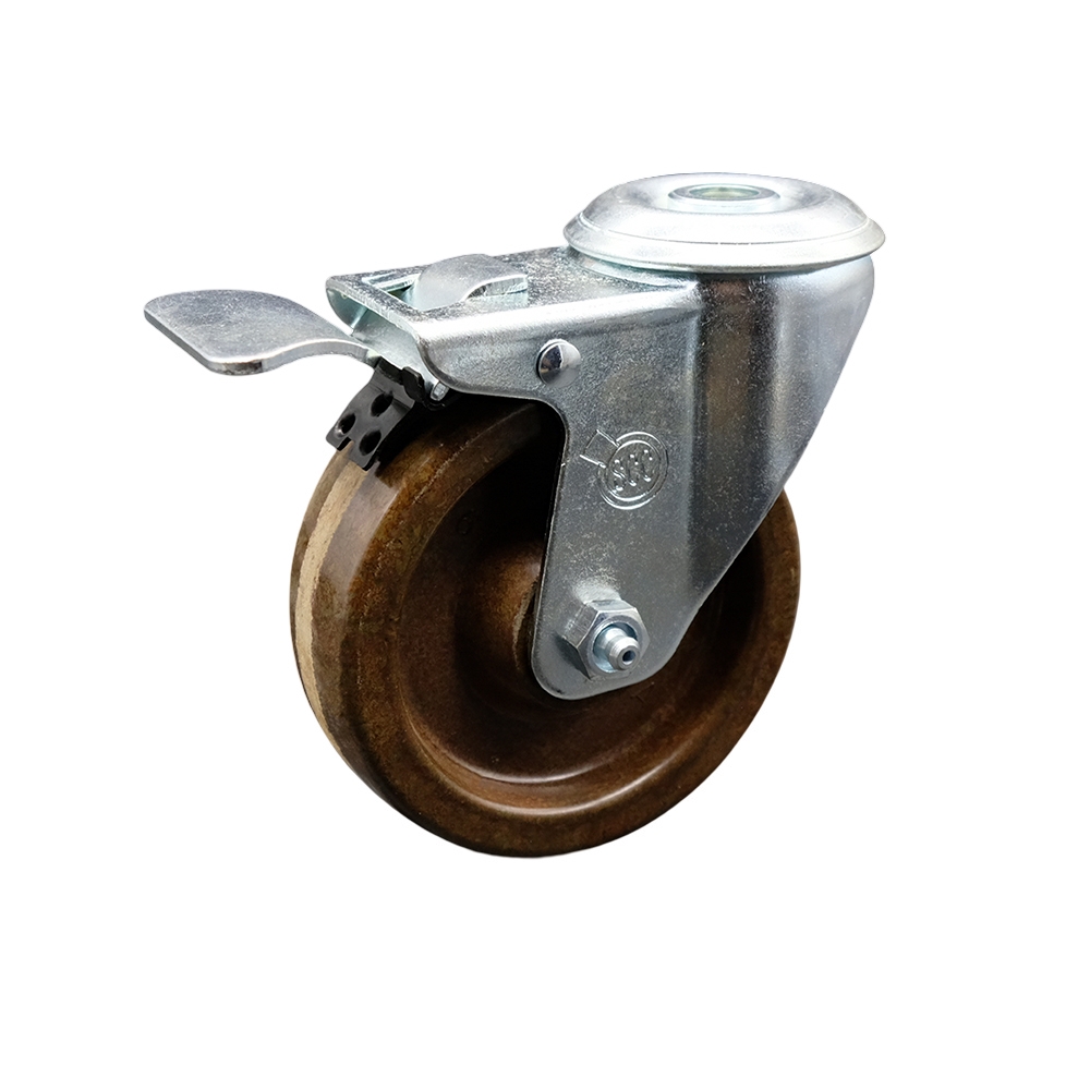 SCC-BHTTL20S414-PHRHT High Temperature Phenolic Swivel Bolt Hole Caster with Roller Bearing 4 x 1.25 in. Brown Wheel & Total Locking Brake