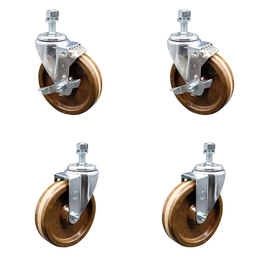 High Temperature Phenolic Swivel Threaded Stem Caster with Roller Bearing 5 x 1.25 in. Brown Wheels & 0.5 in. Stems - Set of 4