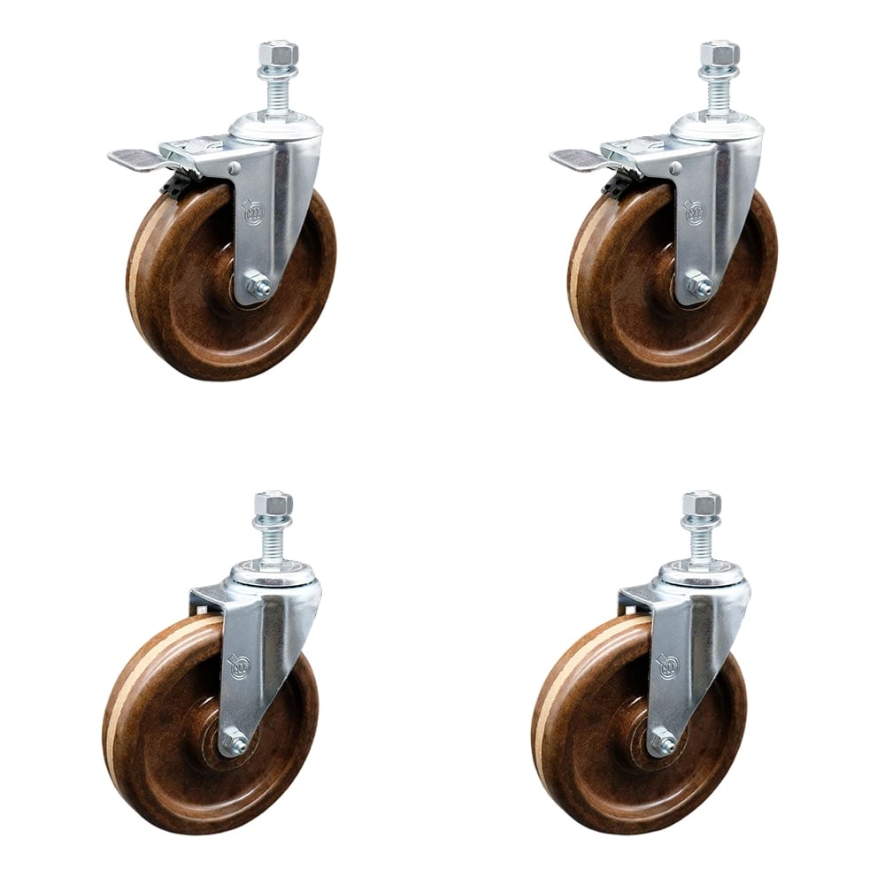 High Temperature Phenolic Swivel Threaded Stem Caster with Roller Bearing 6 x 1.5 in. Brown Wheels & 0.5 in. Stems - Set of 4