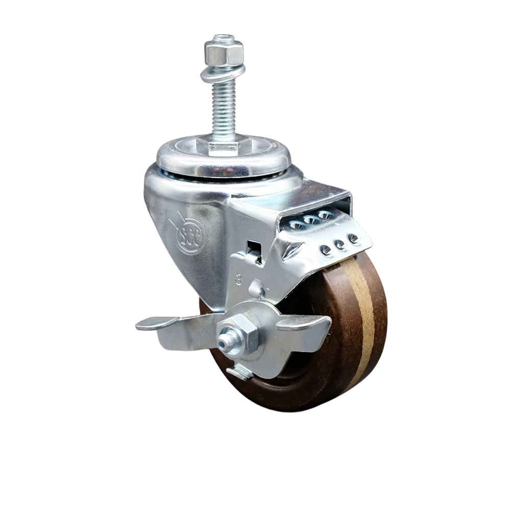 SCC-TS20S314-PHSHT-TLB-M1015 High Temperature Phenolic Swivel Threaded Stem Caster 3 x 1.25 in. Brown Wheel & 10 mm Stem & Top Locking Brake