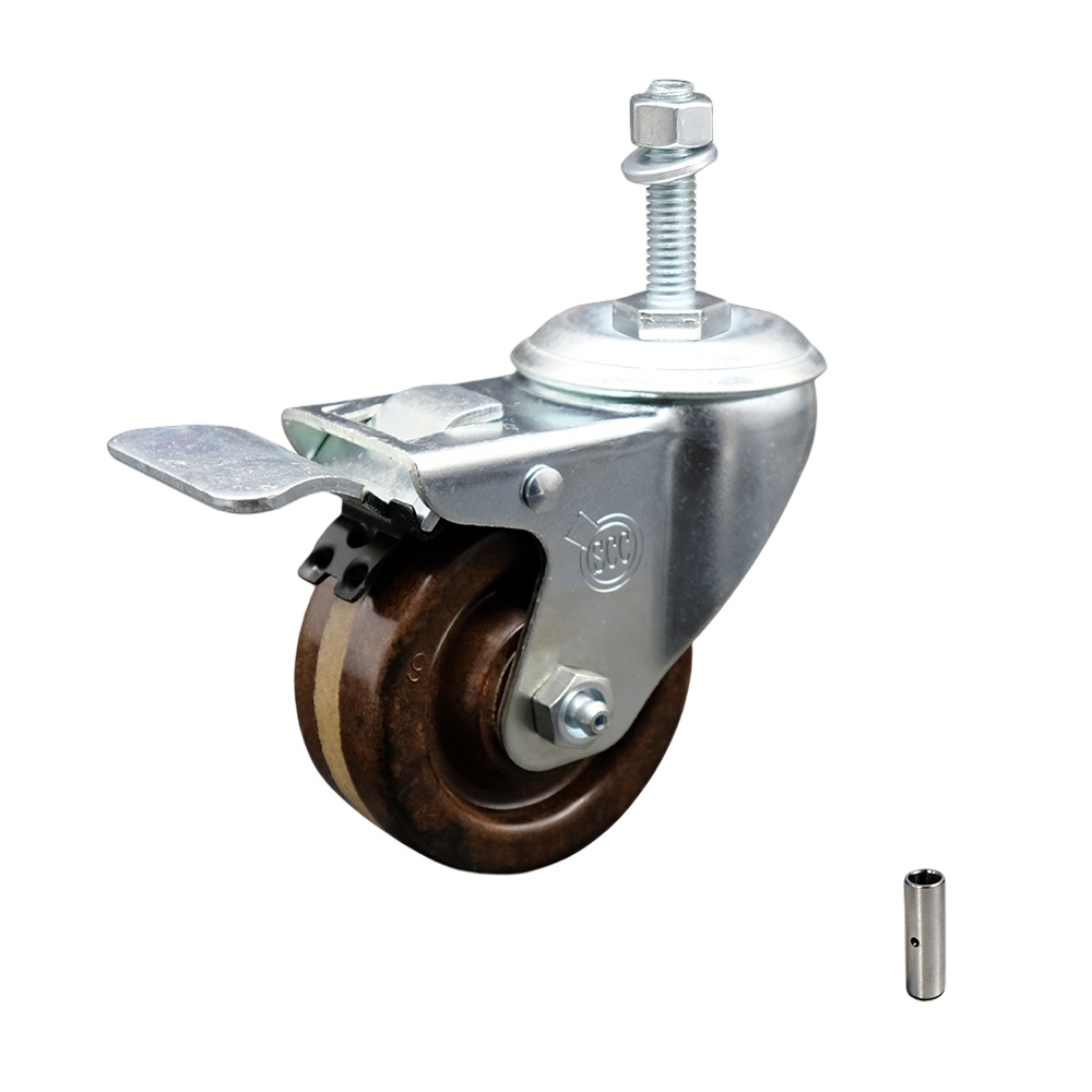 SCC-TSTTL20S314-PHSHT-M1015 High Temperature Phenolic Swivel Threaded Stem Caster 3 x 1.25 in. Brown Wheel & 10 mm Stem & Total Locking Brake