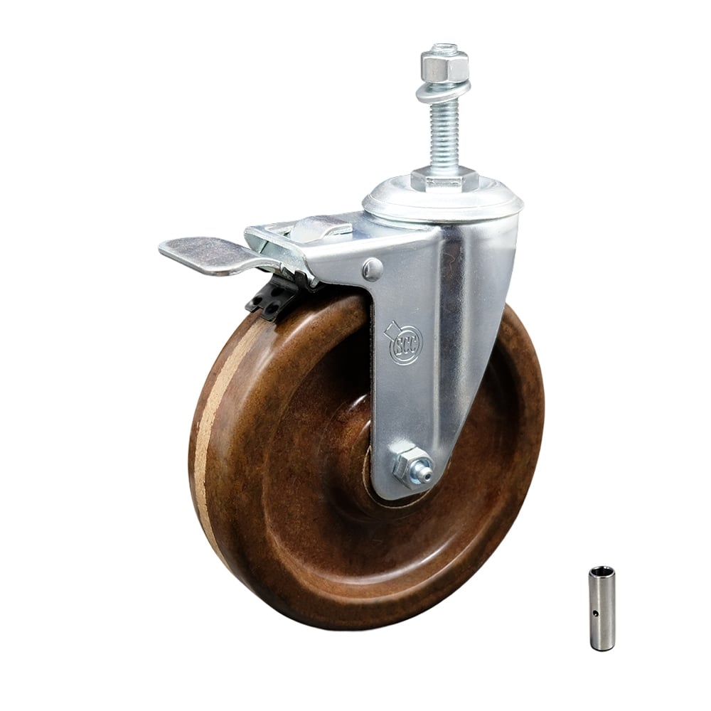 SCC-TSTTL20S514-PHSHT-M1015 High Temperature Phenolic Swivel Threaded Stem Caster 5 x 1.25 in. Brown Wheel & 10 mm Stem & Total Locking Brake