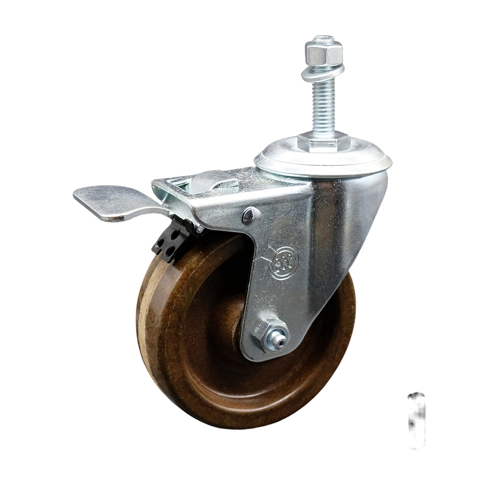 Stainless Steel High Temperature Phenolic Swivel Threaded Stem Caster with 4 x 1.25 in. Brown Wheel & 10 mm Stem & Total Locking Brake