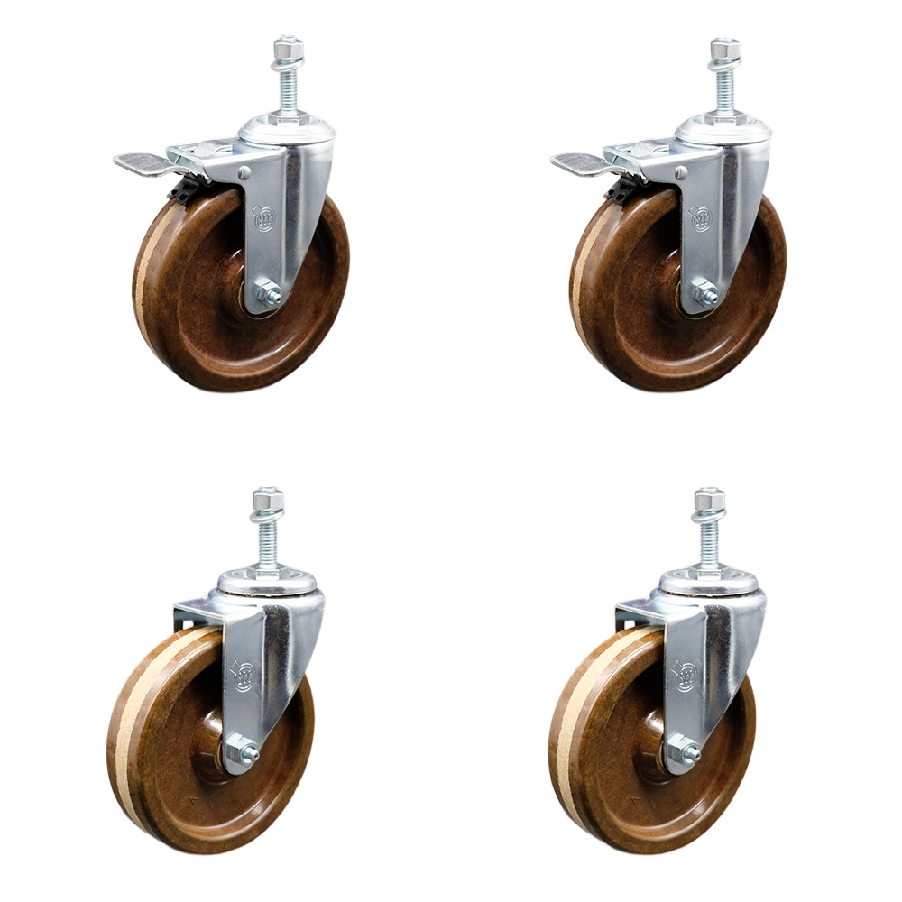 Stainless Steel High Temperature Phenolic Swivel Threaded Stem Caster with 5 x 1.25 in. Brown Wheels & 10 mm Stems - Set of 4