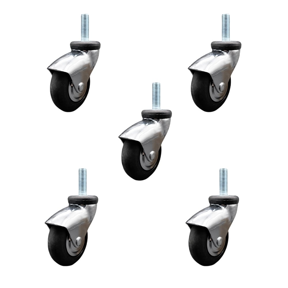 3 in. Swivel Caster Wheels for Furniture Bright Chrome Hooded Neoprene Rubber Wheel with 0.5 in. 13 TPI x 1.5 in. Threaded Stem - Set of 5