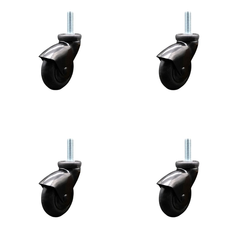 3 in. Swivel Caster Wheels for Furniture Black Hooded Neoprene Rubber Wheel with 0.5 in. 13 TPI x 1.5 in. Threaded Stem - Set of 4