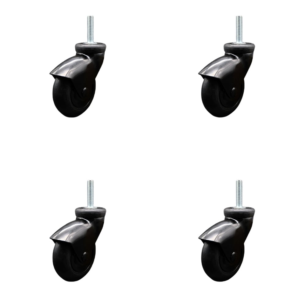 3 in. Swivel Caster Wheels for Furniture Black Hooded Neoprene Rubber Wheel with 10 mm 1.50 x 1.5 in. Threaded Stem - Set of 4