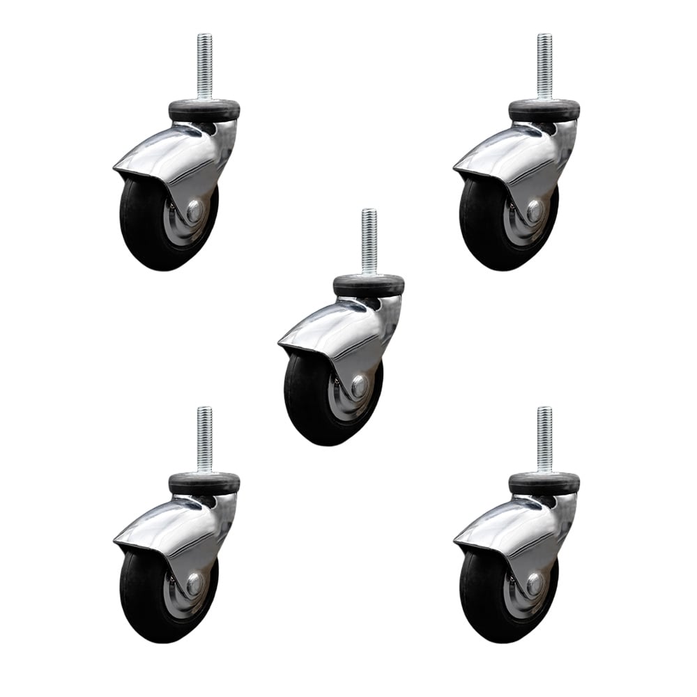 3 in. Swivel Caster Wheels for Furniture Bright Chrome Hooded Neoprene Rubber Wheel with 12 mm 1.75 x 1.5 in. Threaded Stem - Set of 5