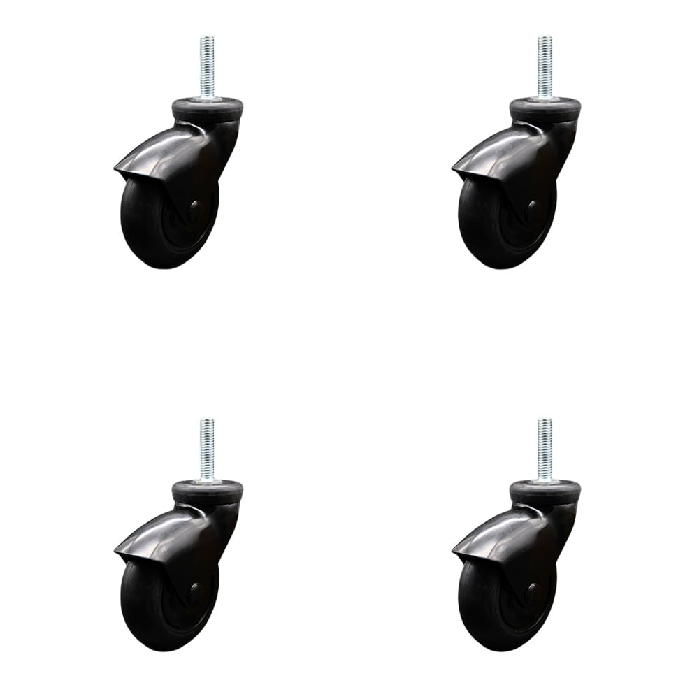 3 in. Swivel Caster Wheels for Furniture Black Hooded Neoprene Rubber Wheel with 12 mm 1.75 x 1.5 in. Threaded Stem - Set of 4