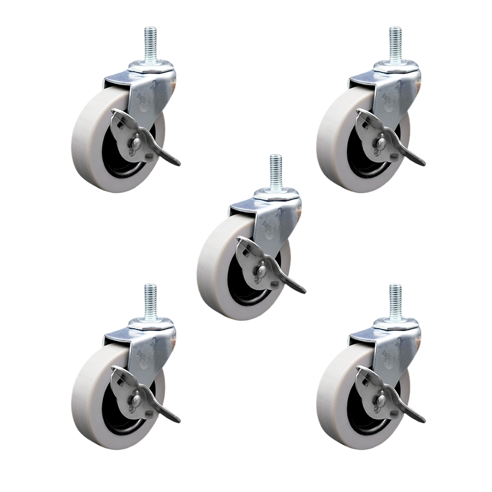 SCC-TS05S310-TPUS-SLB-5161810-5 2 in. Swivel Polyurethane Caster Wheels & 0.31 in. 18 TPI x 1 in. Threaded Stem Caster & Brake - Set of 5