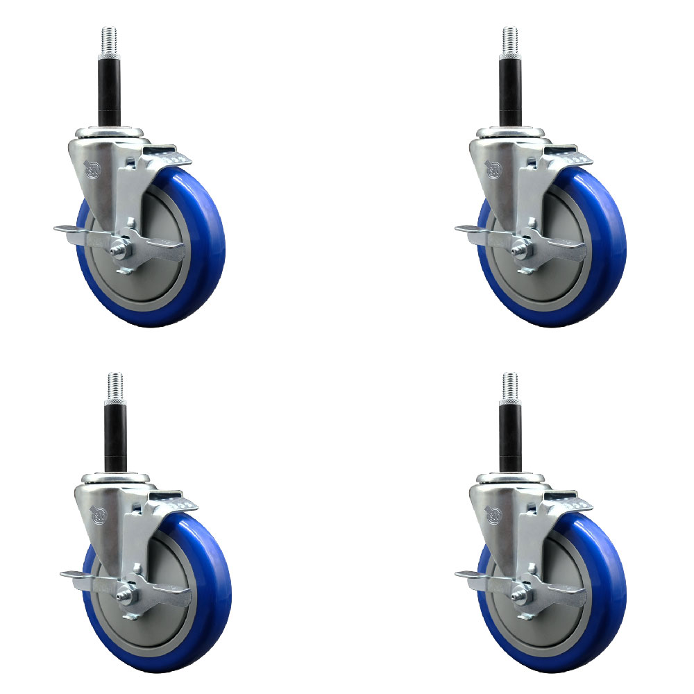 Stainless Steel Polyurethane Swivel Expanding Stem Caster with 5 in. Blue Wheels & 0.75 in. Stems 4 Swivel with Top Locking Brakes - Set of 4