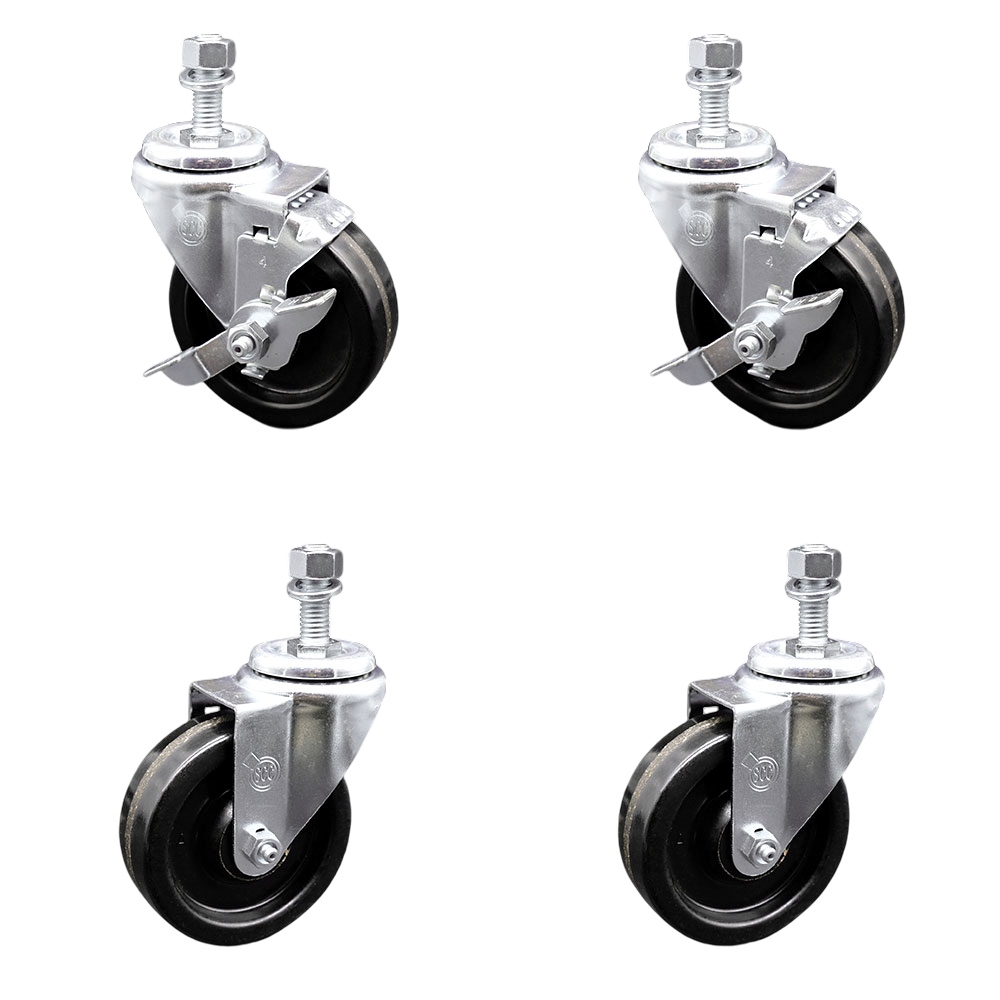 SCC-TS20S414-PHS-M1215-2-TLB-2 Phenolic Swivel Threaded Stem Caster with 4 x 1.25 in. Black Wheels & 12 mm Stems - Set of 4