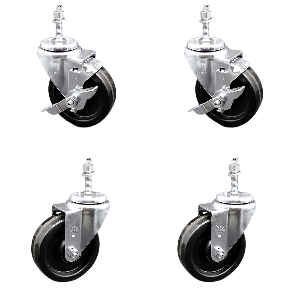 SCC-SSTS20S414-PHS-381615-2-TLB-2 Stainless Steel Phenolic Swivel Threaded Stem Caster with 4 x 1.25 in. Black Wheels & 0.38 in. Stems - Set of 4