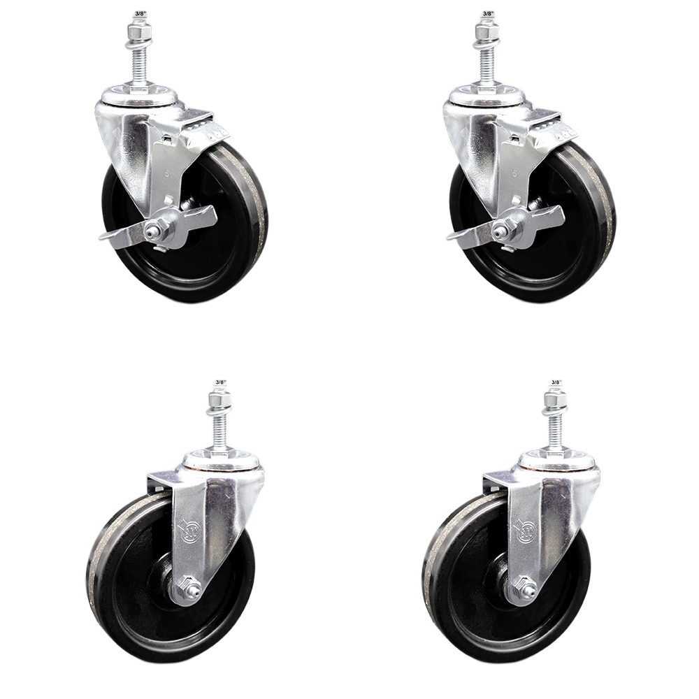 SCC-SSTS20S514-PHS-381615-2-TLB-2 Stainless Steel Phenolic Swivel Threaded Stem Caster with 5 x 1.25 in. Black Wheels & 0.38 in. Stems - Set of 4