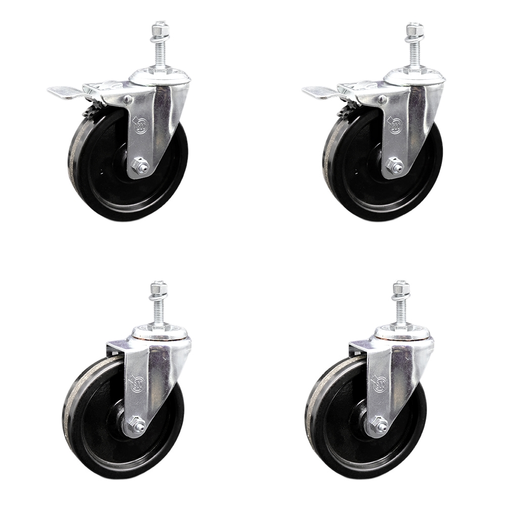 SCC-SSTSTTL20S514-PHS-381615-2-S-2 Stainless Steel Phenolic Swivel Threaded Stem Caster with 5 x 1.25 in. Black Wheels & 0.38 in. Stems - Set of 4