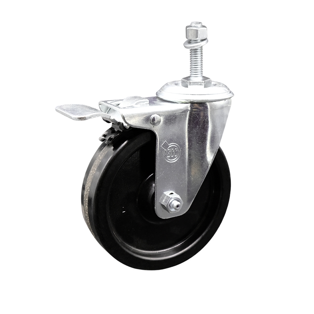 SCC-SSTSTTL20S514-PHS-M1015 Stainless Steel Phenolic Swivel Threaded Stem Caster with 5 x 1.25 in. Black Wheel & 10 mm Stem & Total Locking Brake