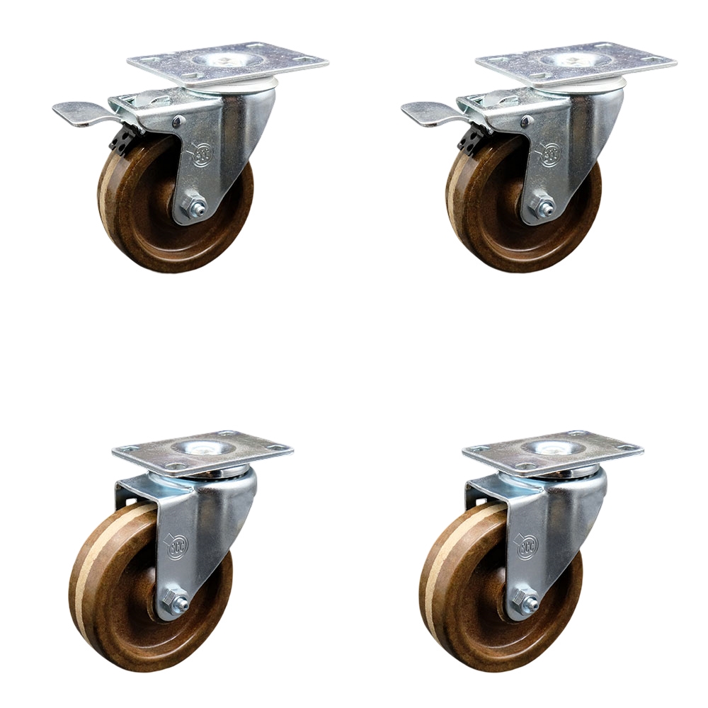SCC-TTL20S414-PHRHT-2-S-2 High Temperature Phenolic Swivel Top Plate Caster with Roller Bearings 4 in. Wheel - Set of 4
