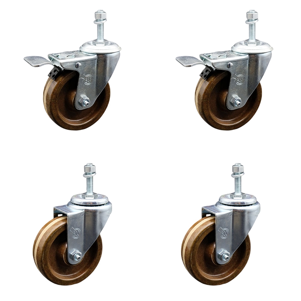 High Temperature Phenolic Swivel Threaded Stem Caster with Roller Bearing 4 x 1.25 in. Brown Wheels & 0.38 in. Stems - Set of 4