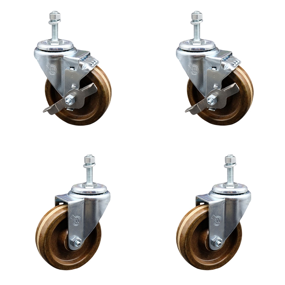 High Temperature Phenolic Swivel Threaded Stem Caster with Roller Bearing 4 x 1.25 in. Brown Wheels & 10 mm Stems - Set of 4
