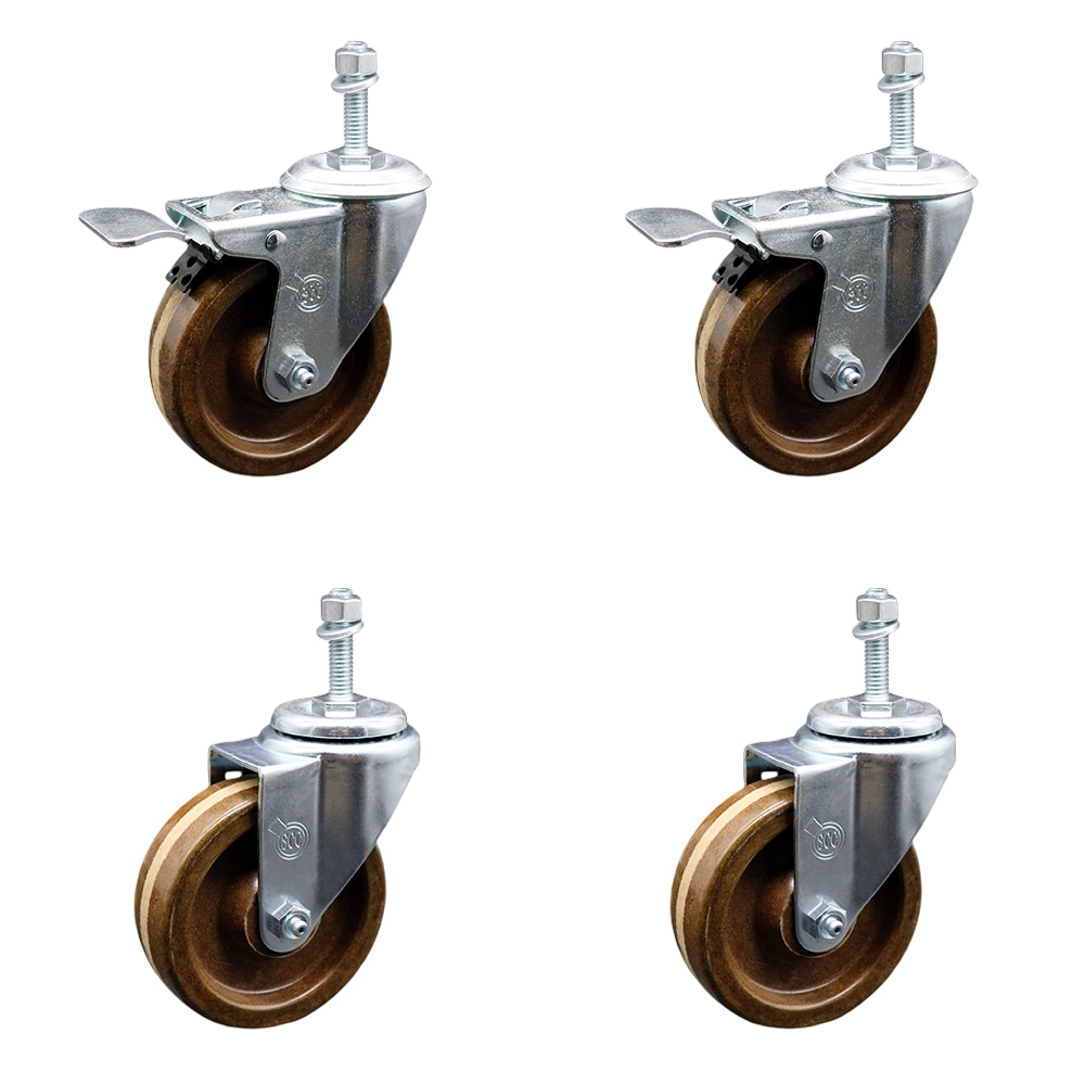 High Temperature Phenolic Swivel Threaded Stem Caster with Roller Bearing 4 x 1.25 in. Brown Wheels & 10 mm Stems - Set of 4
