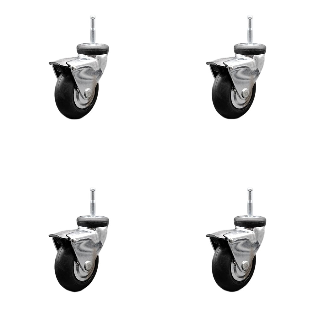 3 in. Swivel Caster Wheels for Furniture Bright Chrome Hooded Neoprene Rubber Wheel with 0.31 Grip Neck Stem & Brake - Set of 4