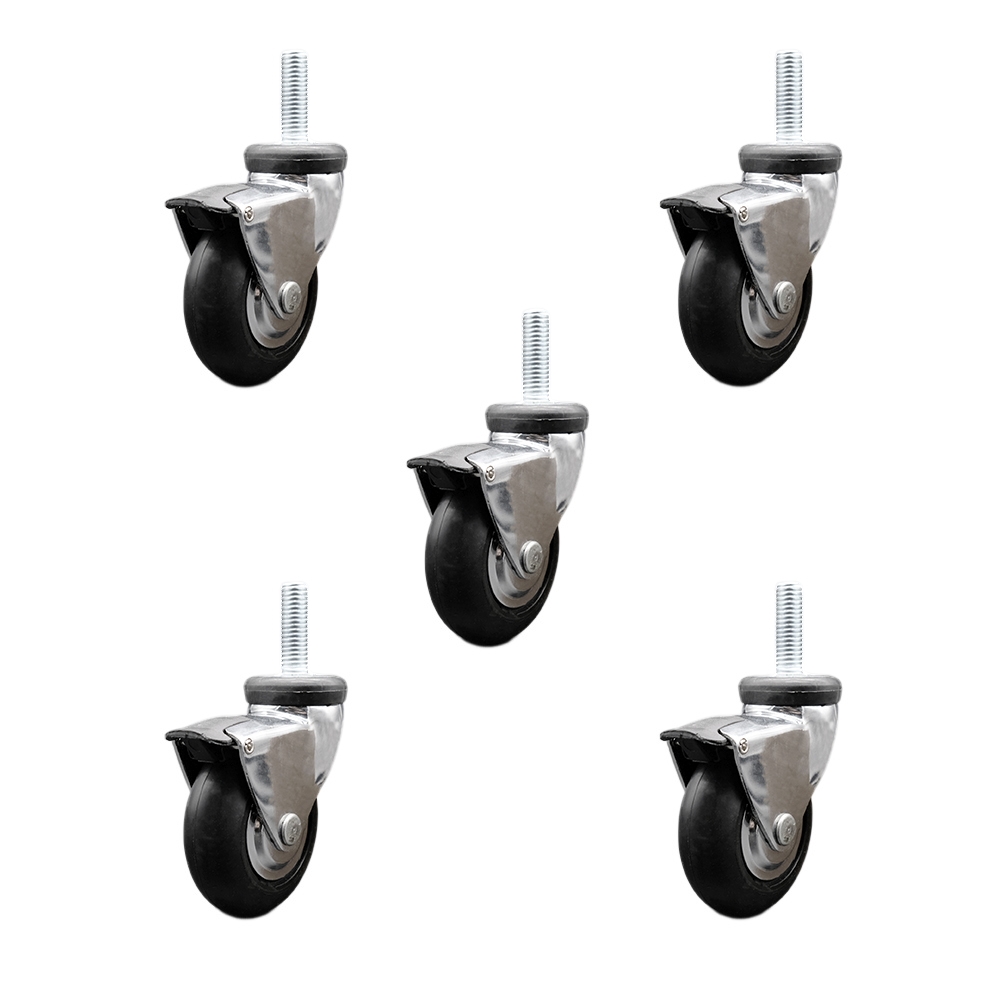 3 in. Swivel Caster Wheels for Furniture Bright Chrome Hooded Neoprene Rubber Wheel with 0.31 in. 18 TPI x 1 in. Threaded Stem & Brake - Set of 5