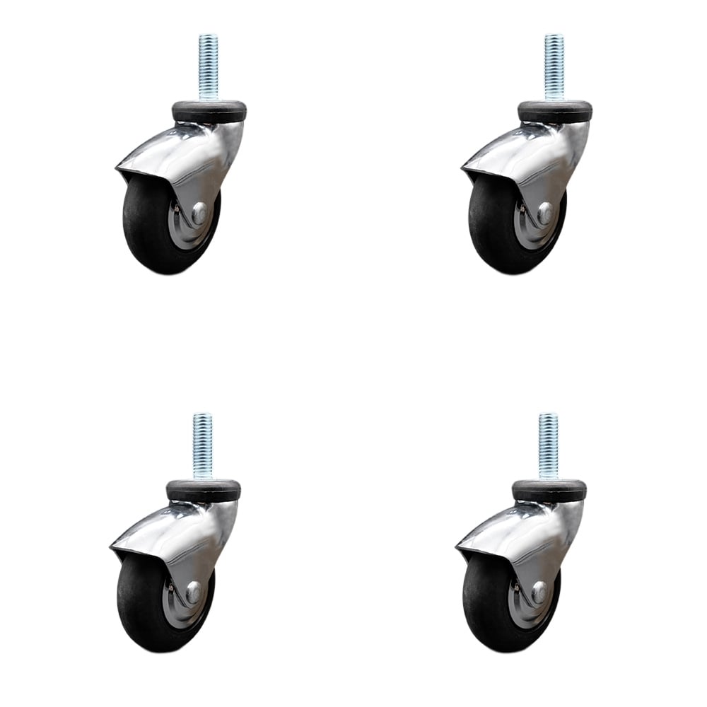 3 in. Swivel Caster Wheels for Furniture Bright Chrome Hooded Neoprene Rubber Wheel with 0.5 in. 13 TPI x 1.5 in. Threaded Stem - Set of 4