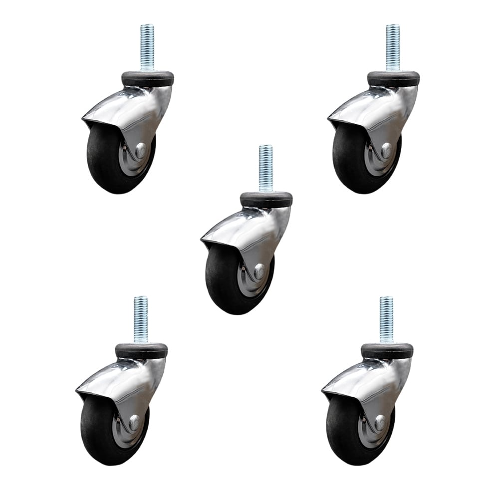 3 in. Swivel Caster Wheels for Furniture Bright Chrome Hooded Neoprene Rubber Wheel with0.375 in. 16 TPI x 1.5 in. Threaded Stem - Set of 5