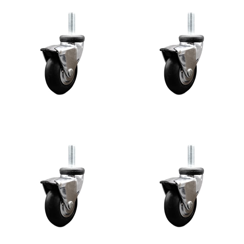 3 in. Swivel Caster Wheels for Furniture Bright Chrome Hooded Neoprene Rubber Wheel with0.375 in. 16 TPI x 1.5 in. Threaded Stem & Brake - Set of 4