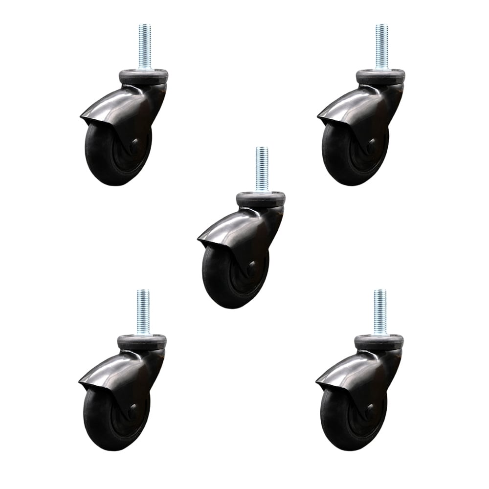 3 in. Swivel Caster Wheels for Furniture Black Hooded Neoprene Rubber Wheel with 0.31 in. 18 TPI x 1.5 in. Threaded Stem & Brake - Set of 5
