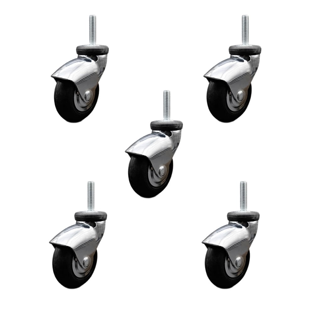 3 in. Swivel Caster Wheels for Furniture Bright Chrome Hooded Neoprene Rubber Wheel with 10 mm 1.50 x 1.5 in. Threaded Stem - Set of 5