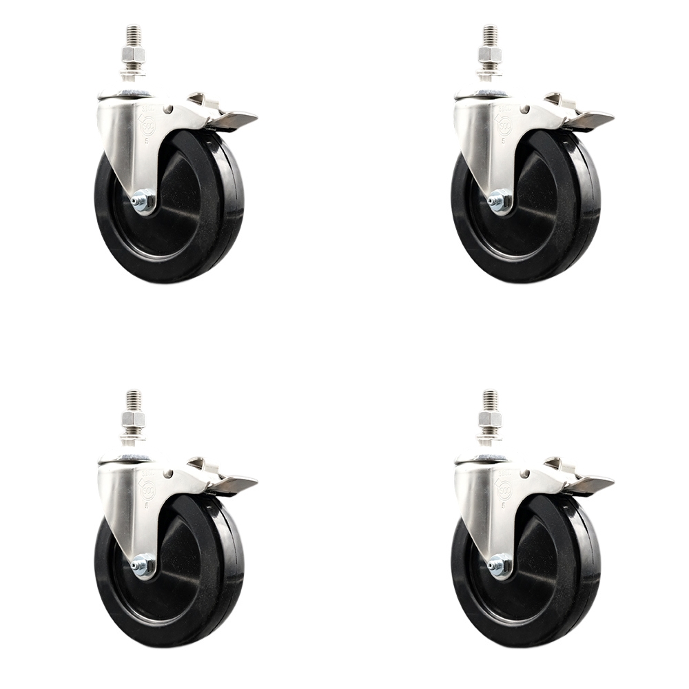 Hard Rubber Swivel Stem Caster with 5 in. Caster Wheels, 10 mm Threaded Stems - 316 Stainless Steel Casters - Set of 4