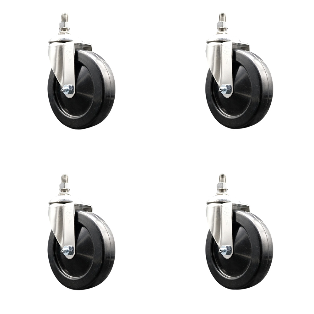Hard Rubber Swivel Stem Caster with 5 in. Caster Wheels, 12 mm Threaded Stems - 316 Stainless Steel Casters - Set of 4