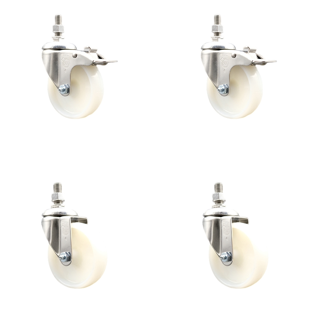 Nylon Swivel Stem Caster with 4 in. Caster Wheels, 0.5 in. Threaded Stems - 316 Stainless Steel Casters - Set of 4