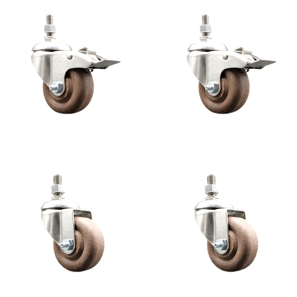 High Temperature Glass Filled Nylon Swivel Stem Caster with 3 in. Caster Wheel, 0.5 in. Threaded Stem - 316 Stainless Steel Caster - Set of 4