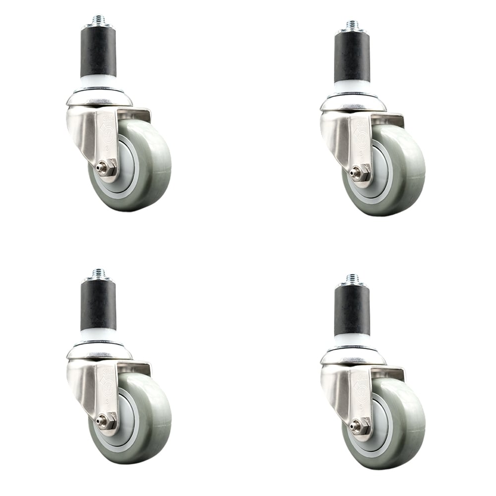 Polyurethane Swivel Stem Caster with 3 in. Gray Caster Wheels, 1.5 in. Expanding Stems - 316 Stainless Steel Casters - Set of 4