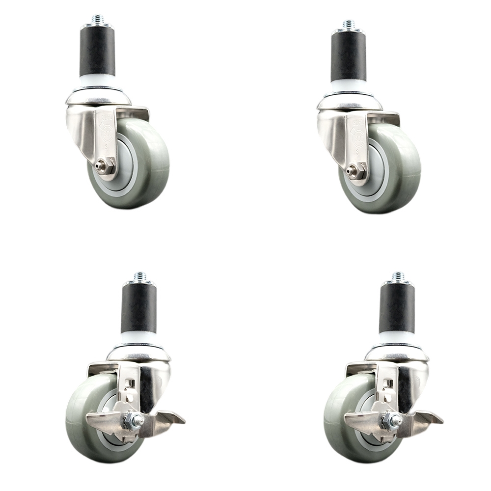 Polyurethane Swivel Stem Caster with 3 in. Gray Caster Wheels, 1.5 in. Expanding Stems - 316 Stainless Steel Casters - Set of 4