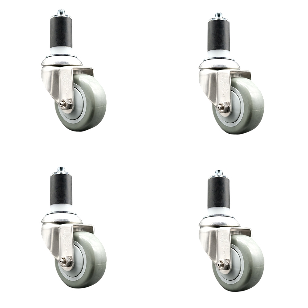 Polyurethane Swivel Stem Caster with 3.5 in. Gray Caster Wheels, 1.5 in. Expanding Stems - 316 Stainless Steel Casters - Set of 4