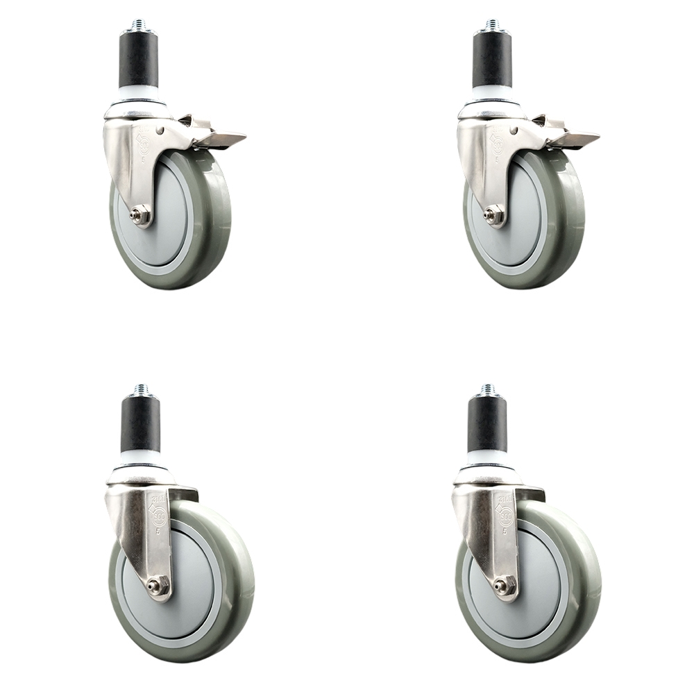 Polyurethane Swivel Stem Caster with 5 in. Gray Caster Wheels, 1.5 in. Expanding Stem - 316 Stainless Steel Casters - Set of 4