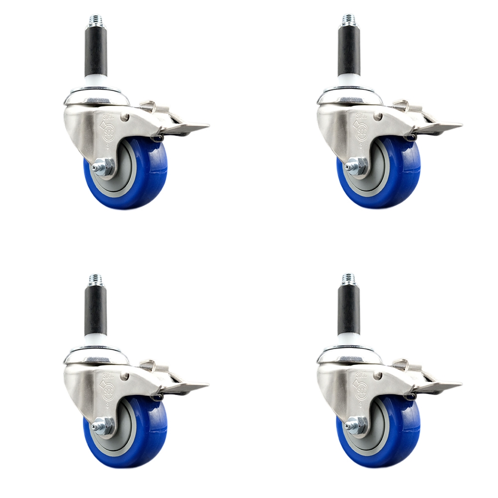 Polyurethane Swivel Stem Caster with 3.5 in. Blue Caster Wheels, 0.75 in. Expanding Stems - 316 Stainless Steel Casters - Set of 4