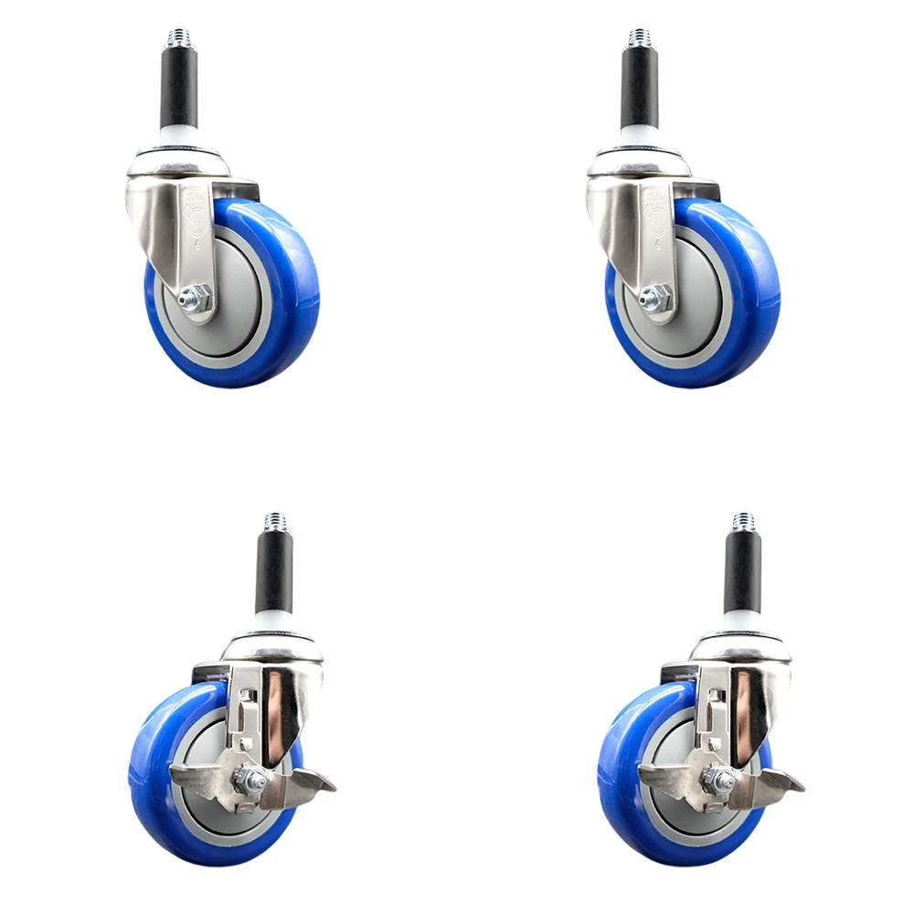Polyurethane Swivel Stem Caster with 4 in. Blue Caster Wheels, 0.75 in. Expanding Stems - 316 Stainless Steel Casters - Set of 4