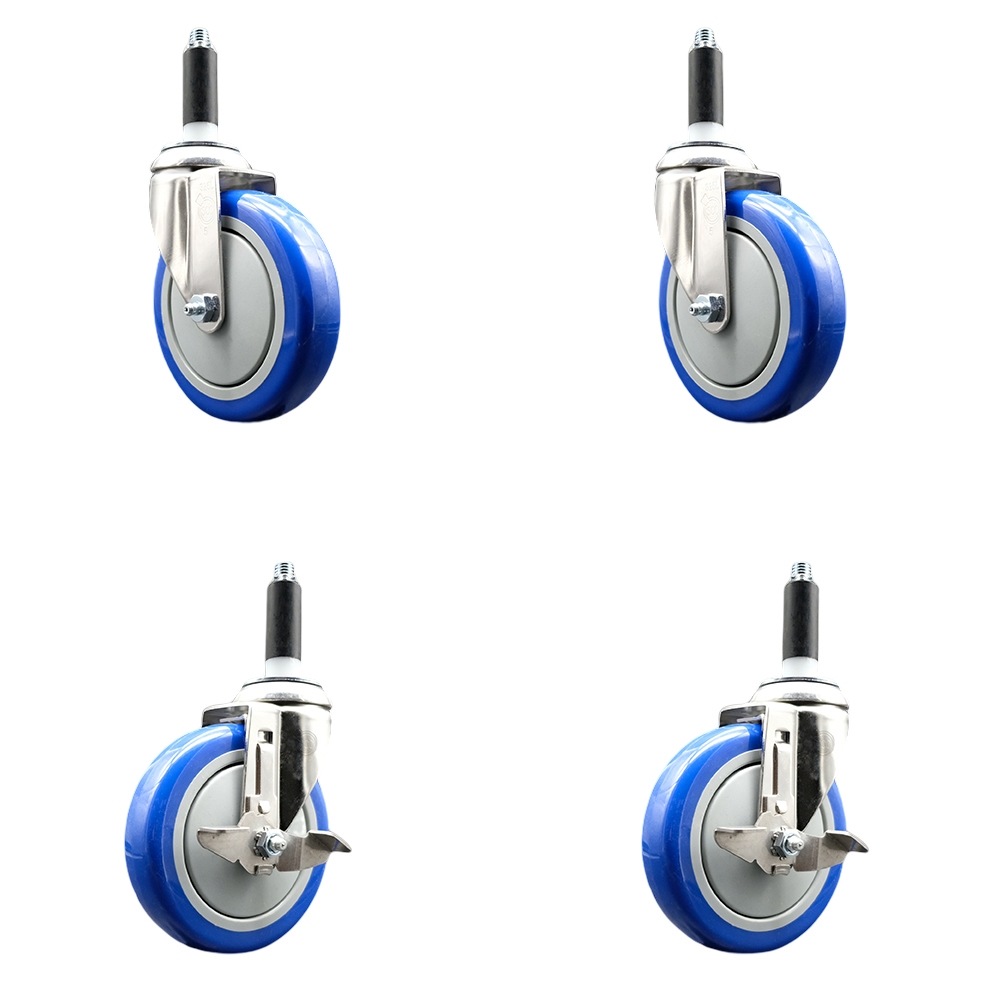 Polyurethane Swivel Stem Caster with 5 in. Blue Caster Wheels, 0.75 in. Expanding Stems - 316 Stainless Steel Casters - Set of 4