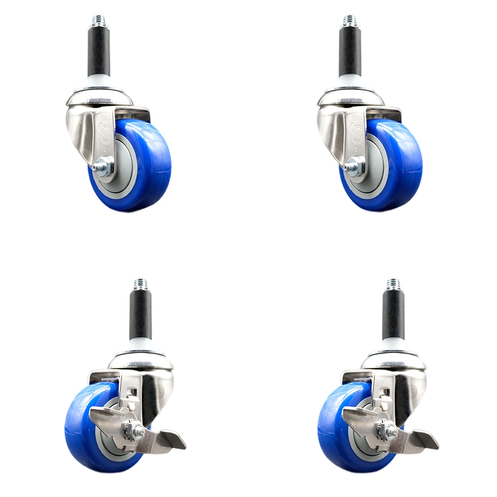 Polyurethane Swivel Stem Caster with 3.5 in. Blue Caster Wheels, 0.87 in. Expanding Stems - 316 Stainless Steel Casters - Set of 4