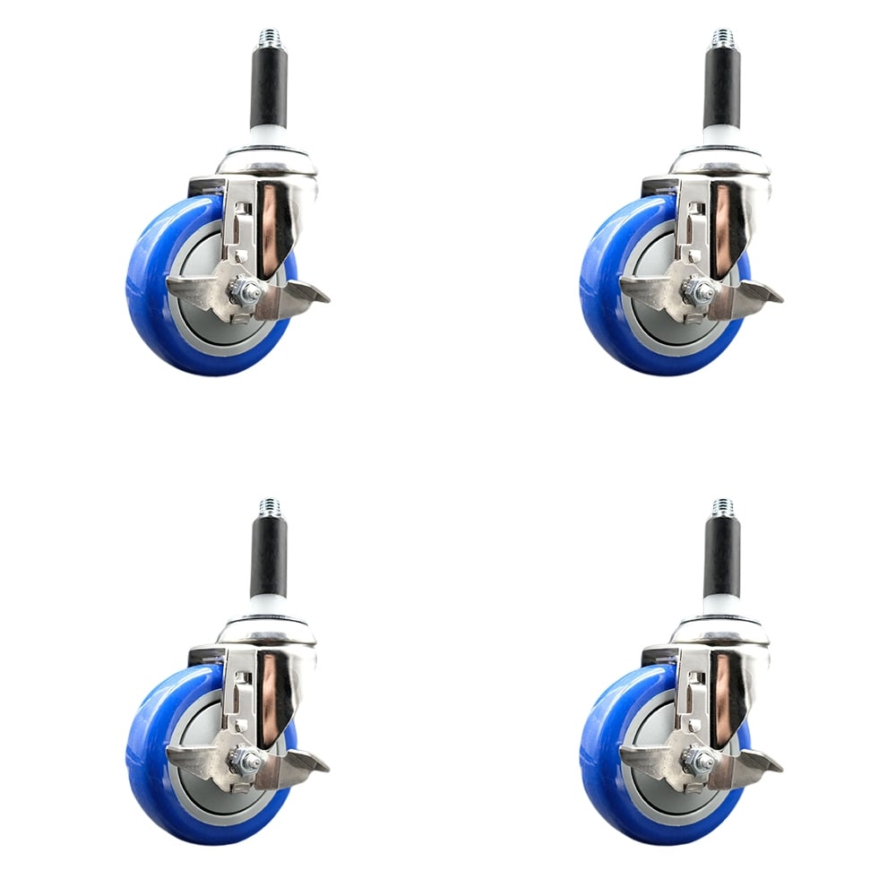 Polyurethane Swivel Stem Caster with 4 in. Blue Caster Wheels, 0.87 in. Expanding Stems - 316 Stainless Steel Casters - Set of 4
